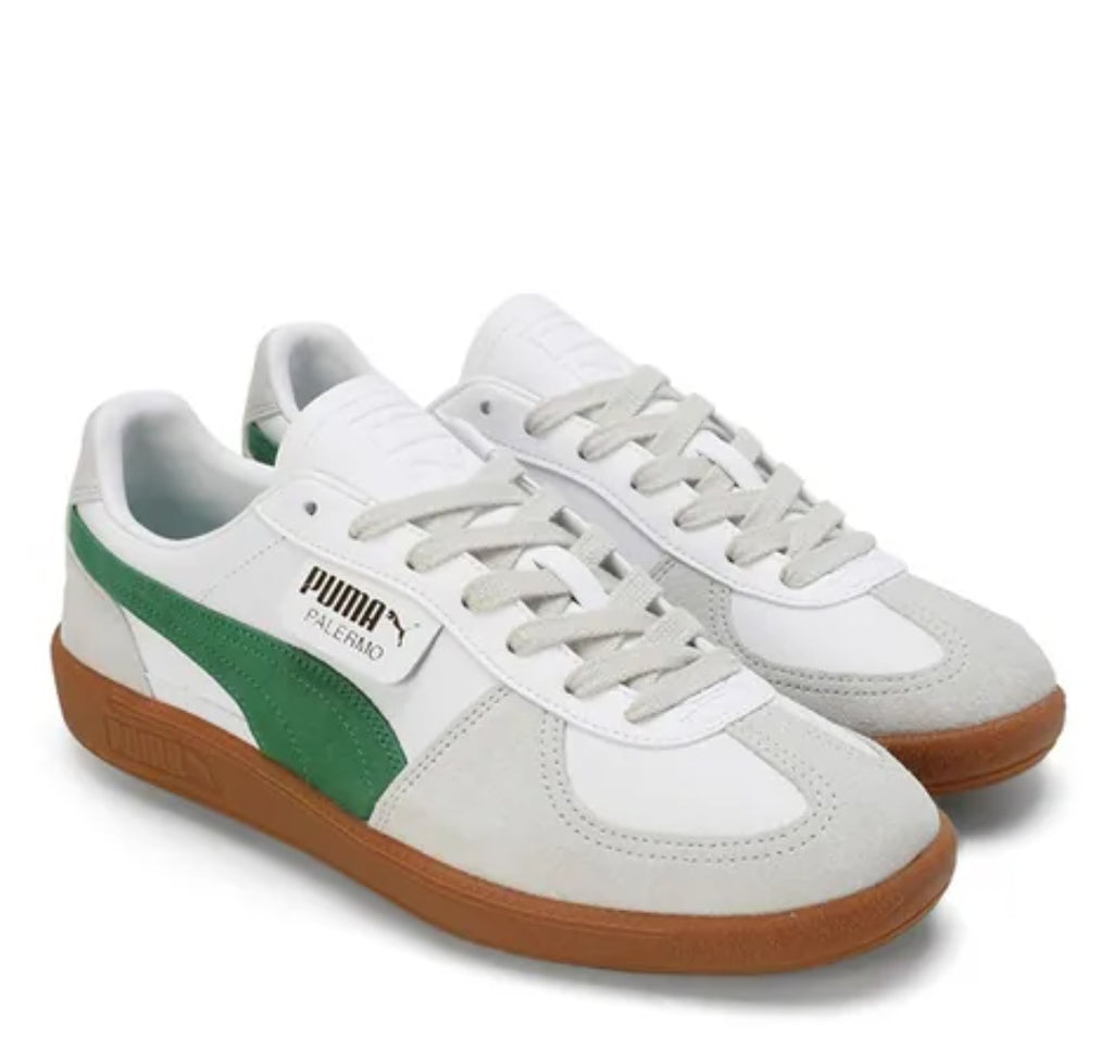 PUMA Mens Palermo Leather Lace Up Sneakers Shoes Casual - Green, Off White