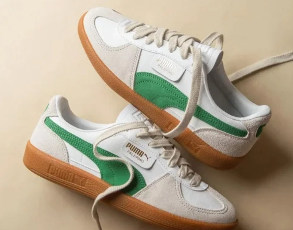 PUMA Mens Palermo Leather Lace Up Sneakers Shoes Casual - Green, Off White